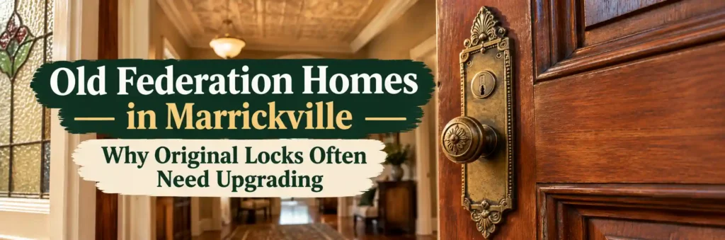 Ornate original lock on an old Federation home door in Marrickville requiring a modern lock upgrade.