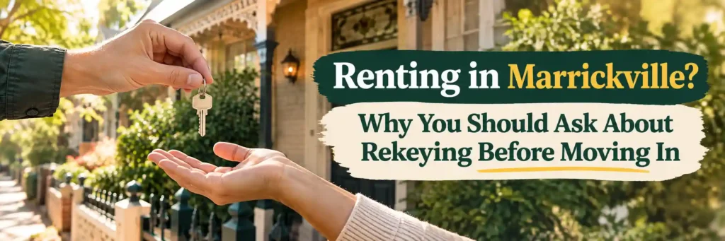 Key handover outside a Marrickville terrace house highlighting the importance of rekeying before moving into a rental.