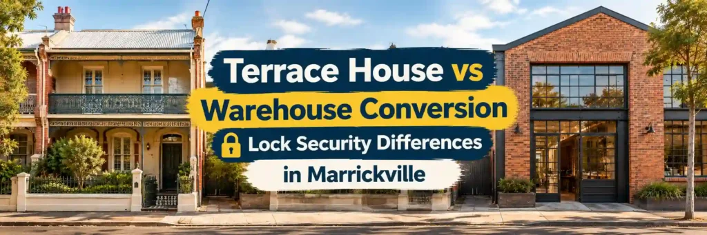 Terrace house and warehouse conversion in Marrickville showing different lock security considerations.