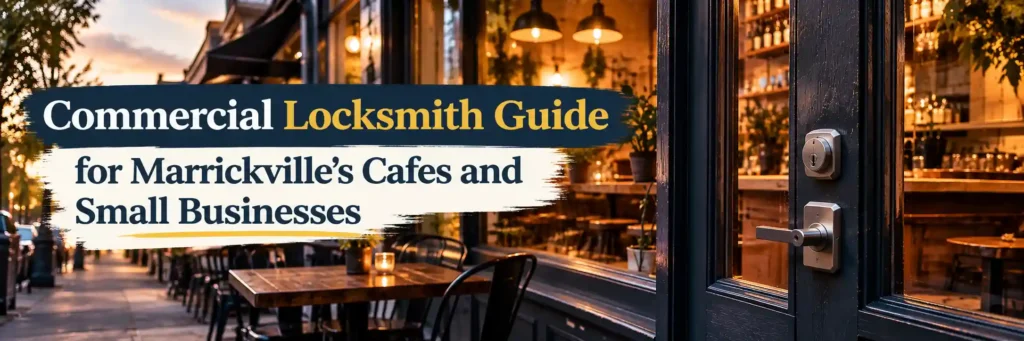 Commercial locksmith security solutions for cafes and small businesses in Marrickville, featuring a secure storefront door.